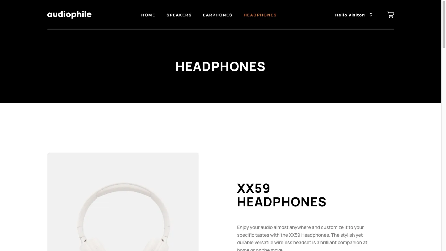 The Headphones category page, a black banner heading above the XX59 Headphones with its photograph set beside its copy.
