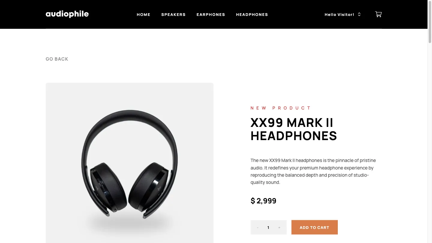 The XX99 Mark II product page, its photograph on the left and the description, a $2,999 price and a quantity stepper with Add to Cart on the right.