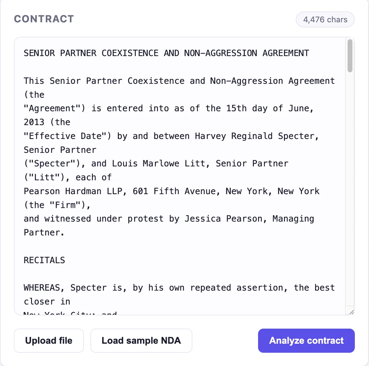 The contract pane holding a pasted coexistence agreement with a character count above it, over buttons reading Upload file, Load sample NDA and Analyze contract.