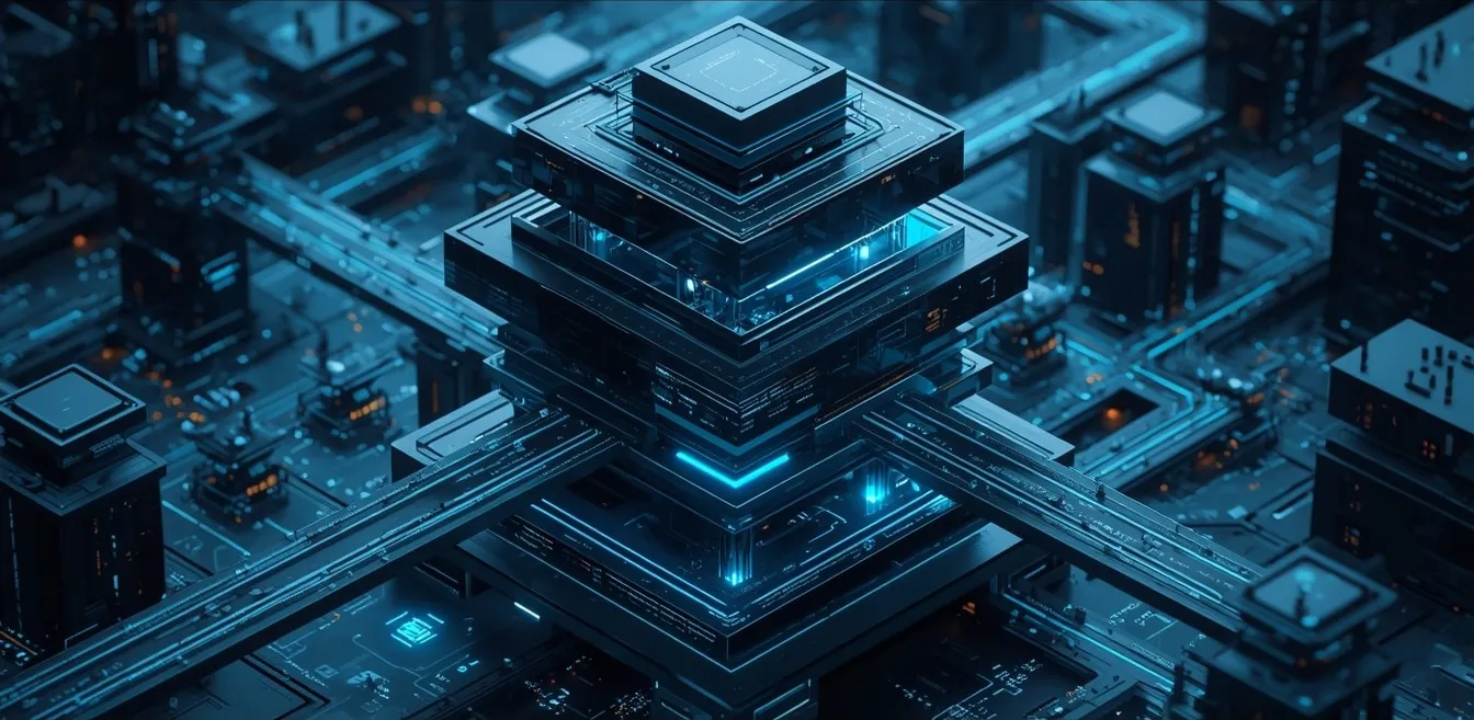A stepped tower of dark slabs lit blue from within, standing at the crossing of rails that run out through a dense city of circuit blocks.