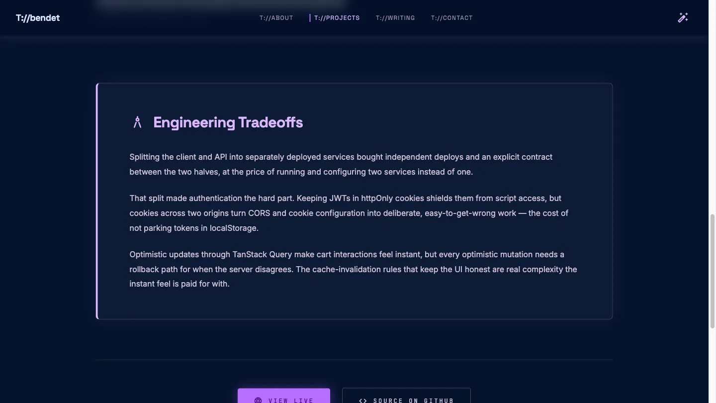 An Engineering Tradeoffs panel from a project entry, three paragraphs of prose behind a violet left border on a dark card.